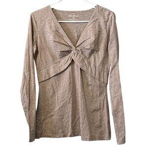Eddie Bauer Shirt Women Medium Beige Long Sleeve V-Neck Cotton Blend Lightweight